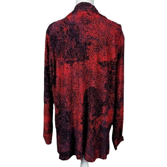 Vintage Chico's Tunic Size XL Red Black Animal Print Long Sleeve Sparkle Artsy - Picture 2 of 9
